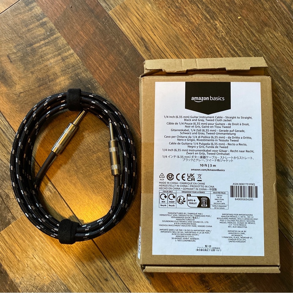 1/4”Guitar Instrument Cable Straight to Straight 10’Long Black/Gray Tweed Cloth